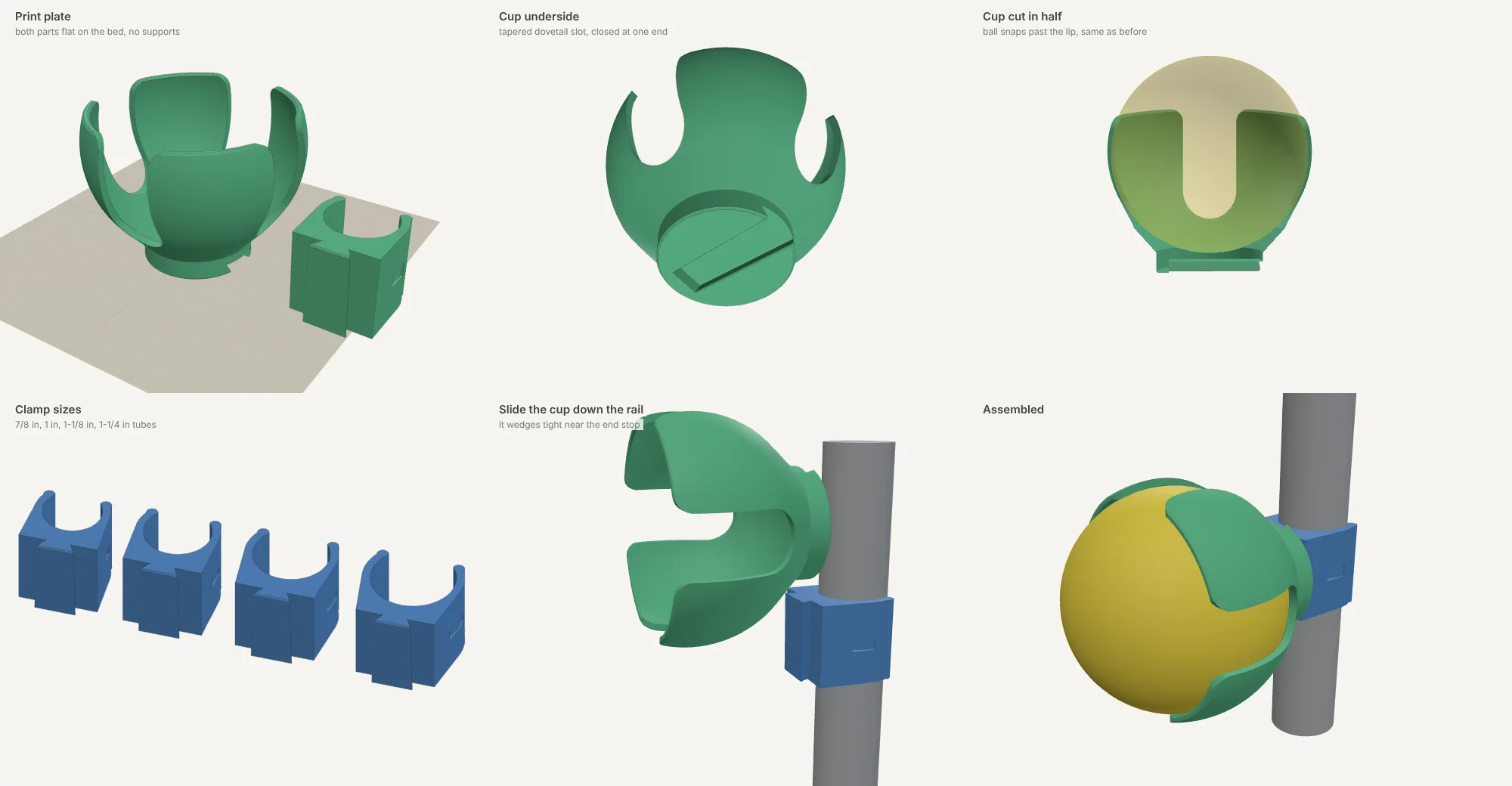 Version 2 views: print plate, cup underside, section, clamp sizes and assembly